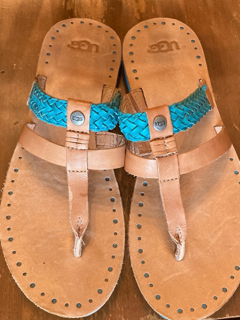 UGG Women’s Tan Leather Thong Sandals with Teal Braided Strap